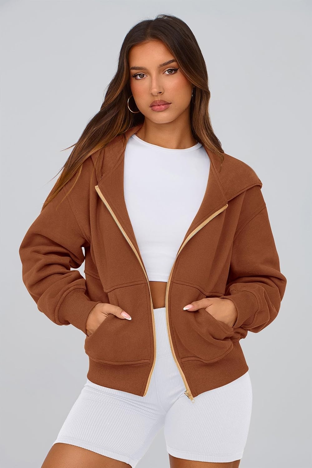 image:imagePRETTYGARDEN Hoodies for Women Fall Fashion Zip Up Fleece Plain SweatshirtBrown