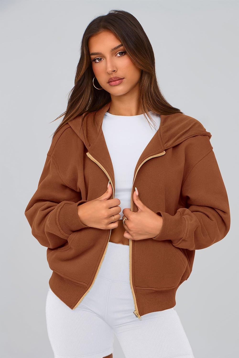 image:imagePRETTYGARDEN Hoodies for Women Fall Fashion Zip Up Fleece Plain SweatshirtBrown