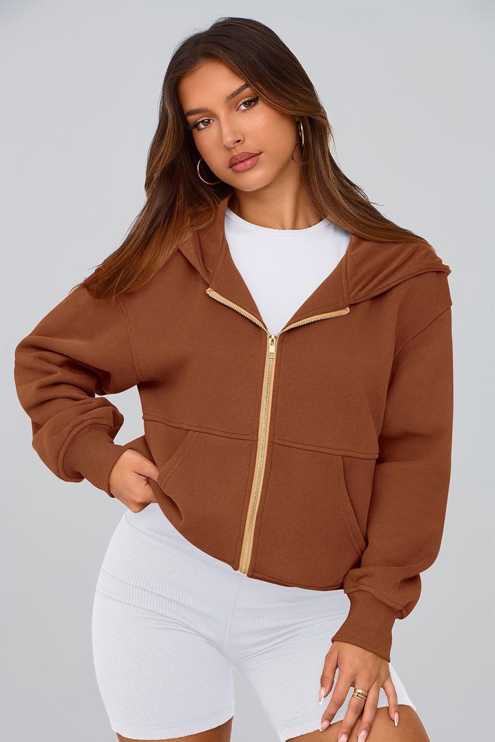 image:imagePRETTYGARDEN Hoodies for Women Fall Fashion Zip Up Fleece Plain SweatshirtBrown