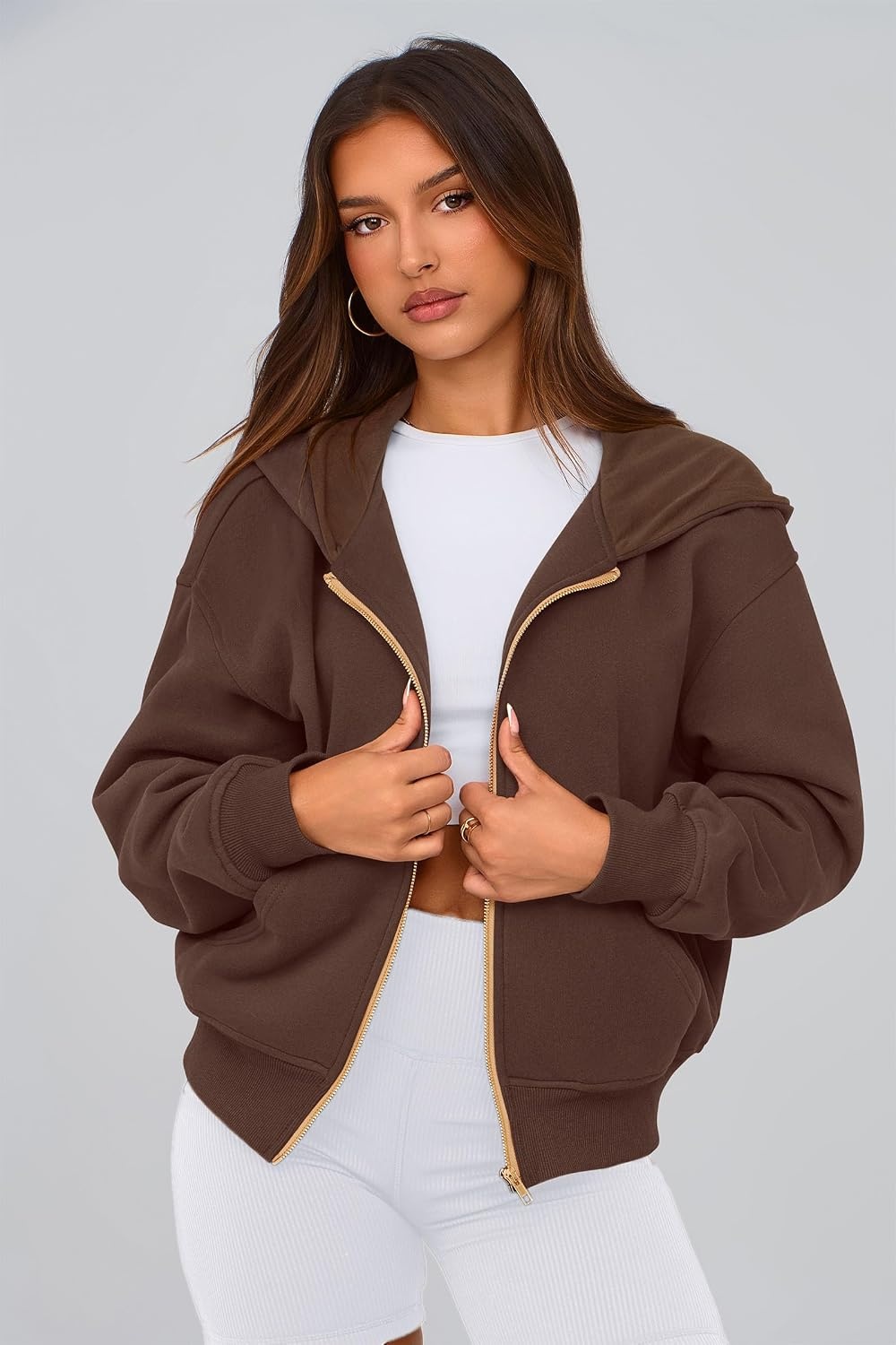 image:imagePRETTYGARDEN Hoodies for Women Fall Fashion Zip Up Fleece Plain SweatshirtBrown Coffee