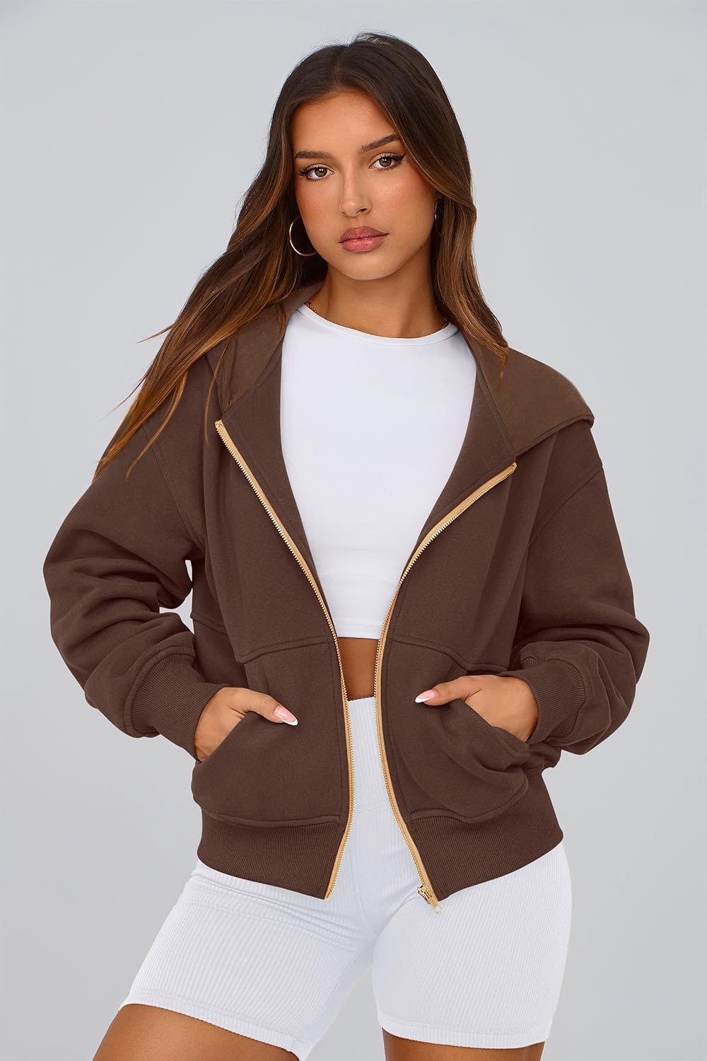 image:imagePRETTYGARDEN Hoodies for Women Fall Fashion Zip Up Fleece Plain SweatshirtBrown Coffee