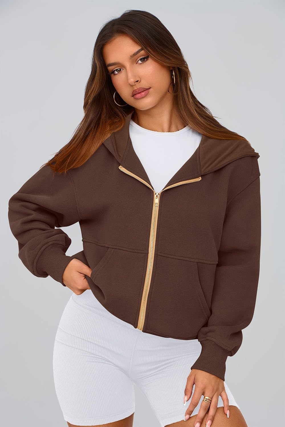 image:imagePRETTYGARDEN Hoodies for Women Fall Fashion Zip Up Fleece Plain SweatshirtBrown Coffee