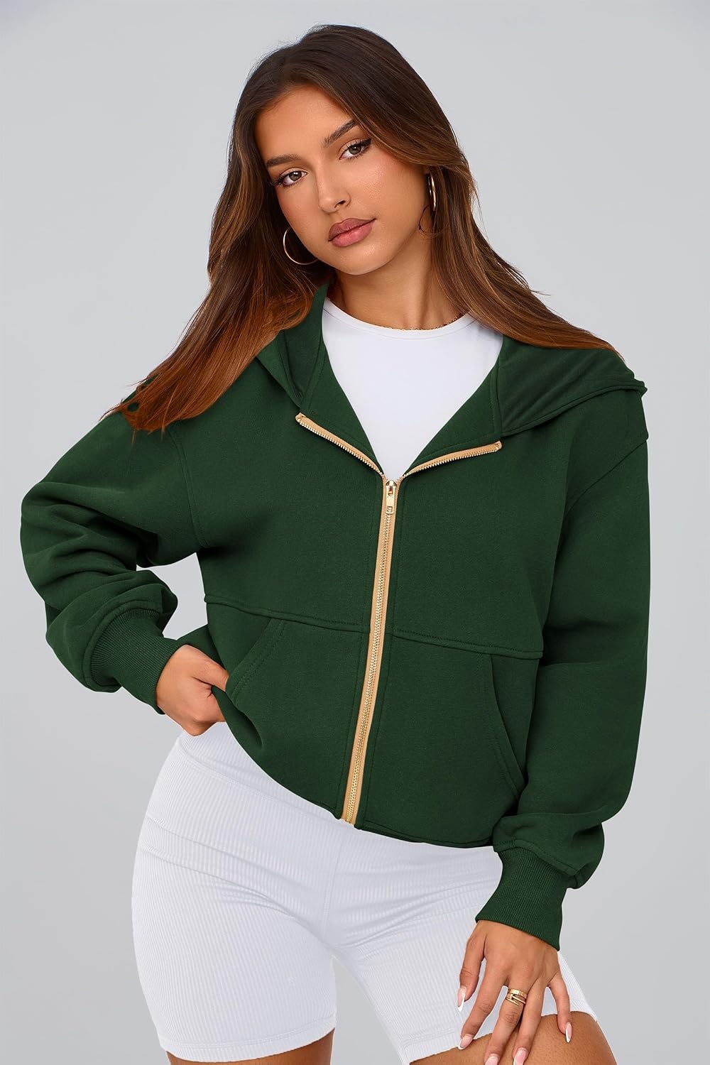image:imagePRETTYGARDEN Hoodies for Women Fall Fashion Zip Up Fleece Plain SweatshirtDark Green