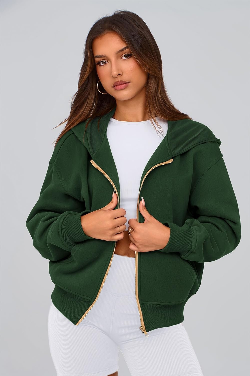 image:imagePRETTYGARDEN Hoodies for Women Fall Fashion Zip Up Fleece Plain SweatshirtDark Green