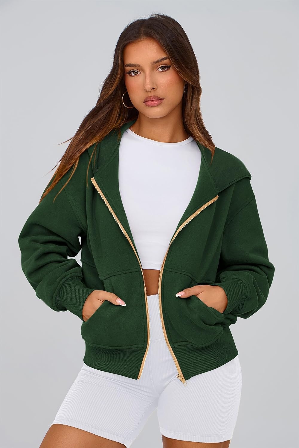 image:imagePRETTYGARDEN Hoodies for Women Fall Fashion Zip Up Fleece Plain SweatshirtDark Green