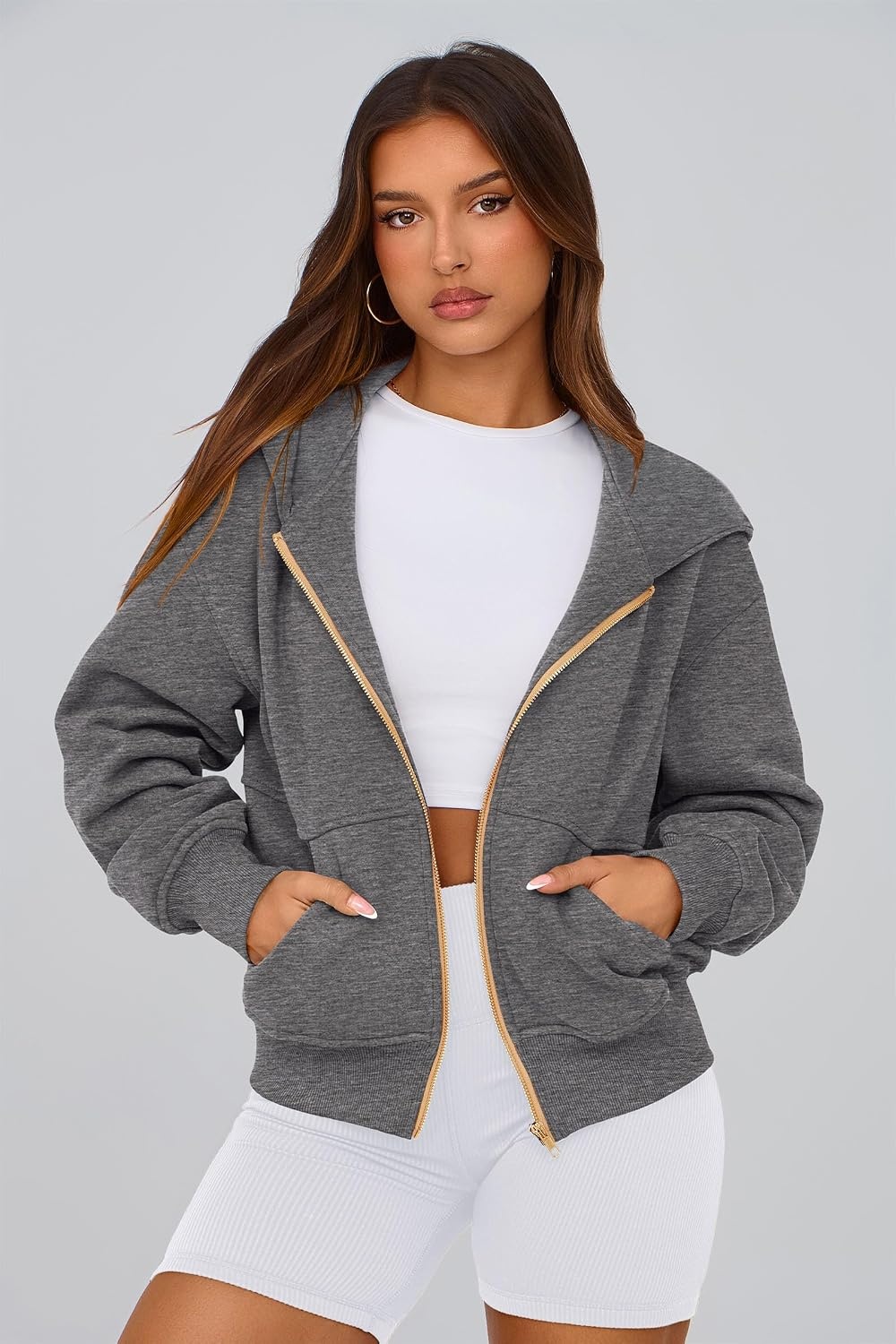 image:imagePRETTYGARDEN Hoodies for Women Fall Fashion Zip Up Fleece Plain SweatshirtDark Grey