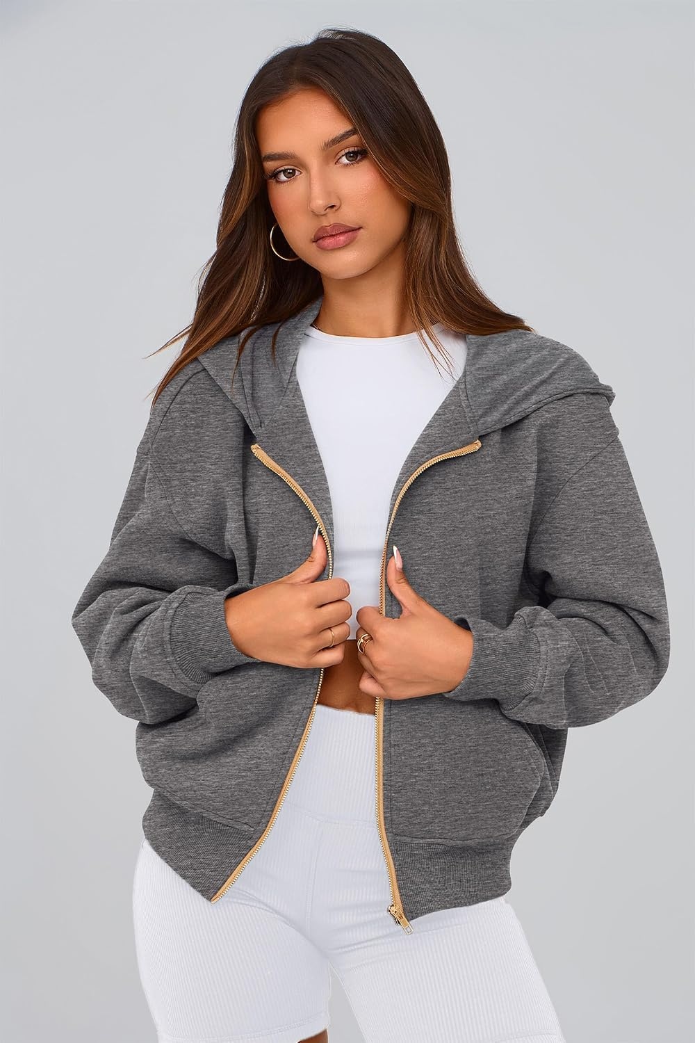 image:imagePRETTYGARDEN Hoodies for Women Fall Fashion Zip Up Fleece Plain SweatshirtDark Grey