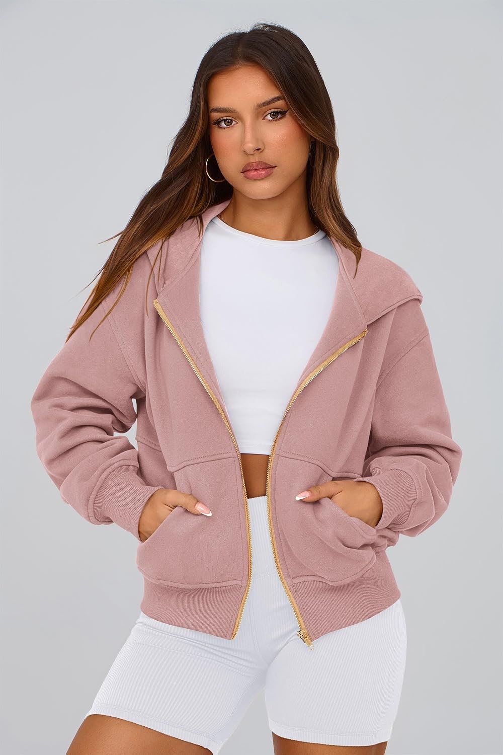 image:imagePRETTYGARDEN Hoodies for Women Fall Fashion Zip Up Fleece Plain SweatshirtDusty Pink