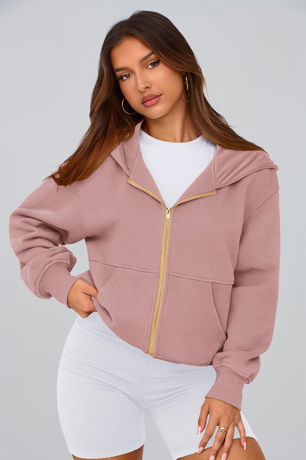 image:imagePRETTYGARDEN Hoodies for Women Fall Fashion Zip Up Fleece Plain SweatshirtDusty Pink