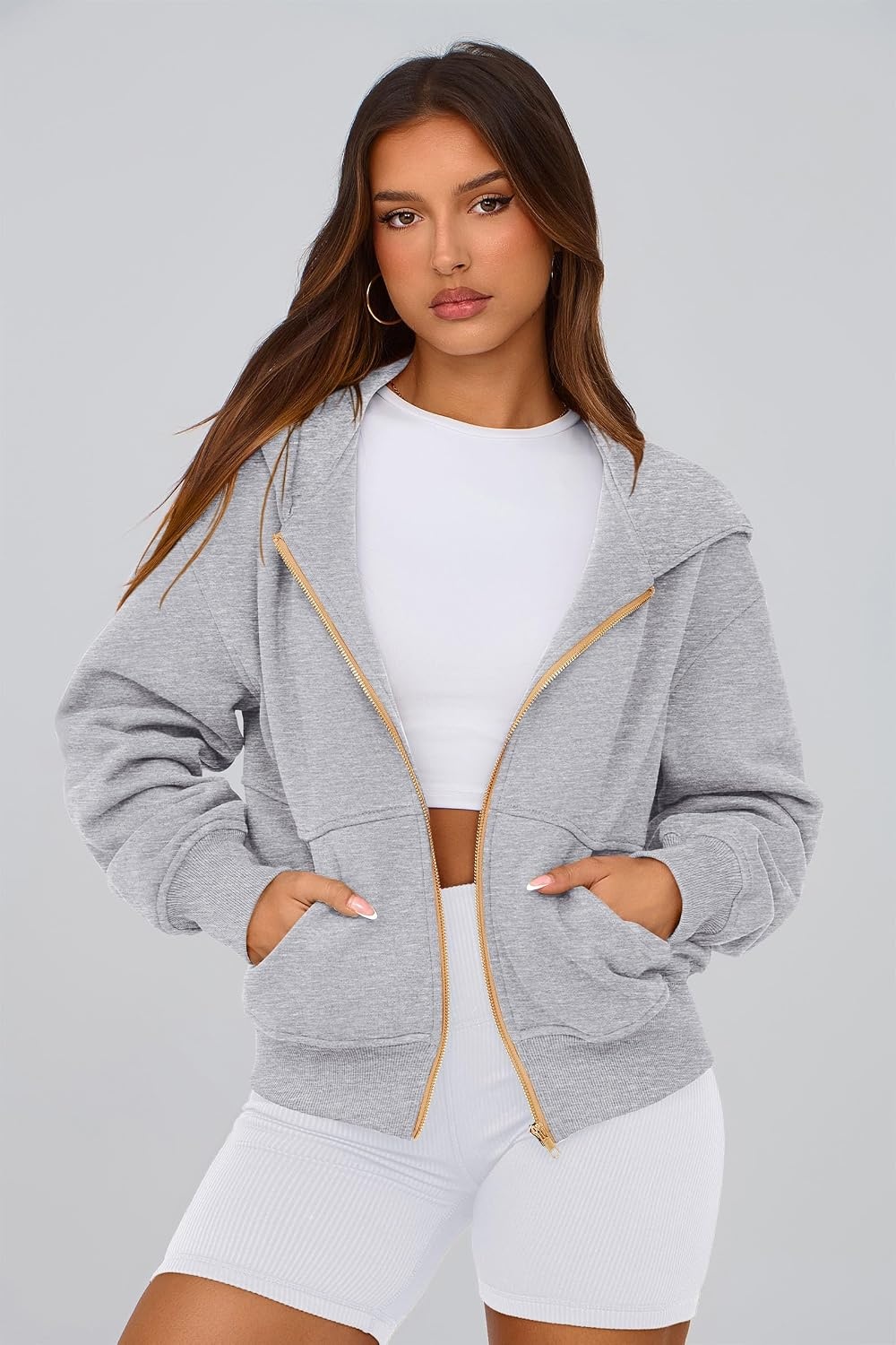 image:imagePRETTYGARDEN Hoodies for Women Fall Fashion Zip Up Fleece Plain SweatshirtGrey