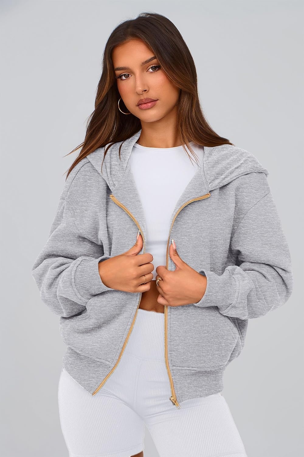 image:imagePRETTYGARDEN Hoodies for Women Fall Fashion Zip Up Fleece Plain SweatshirtGrey