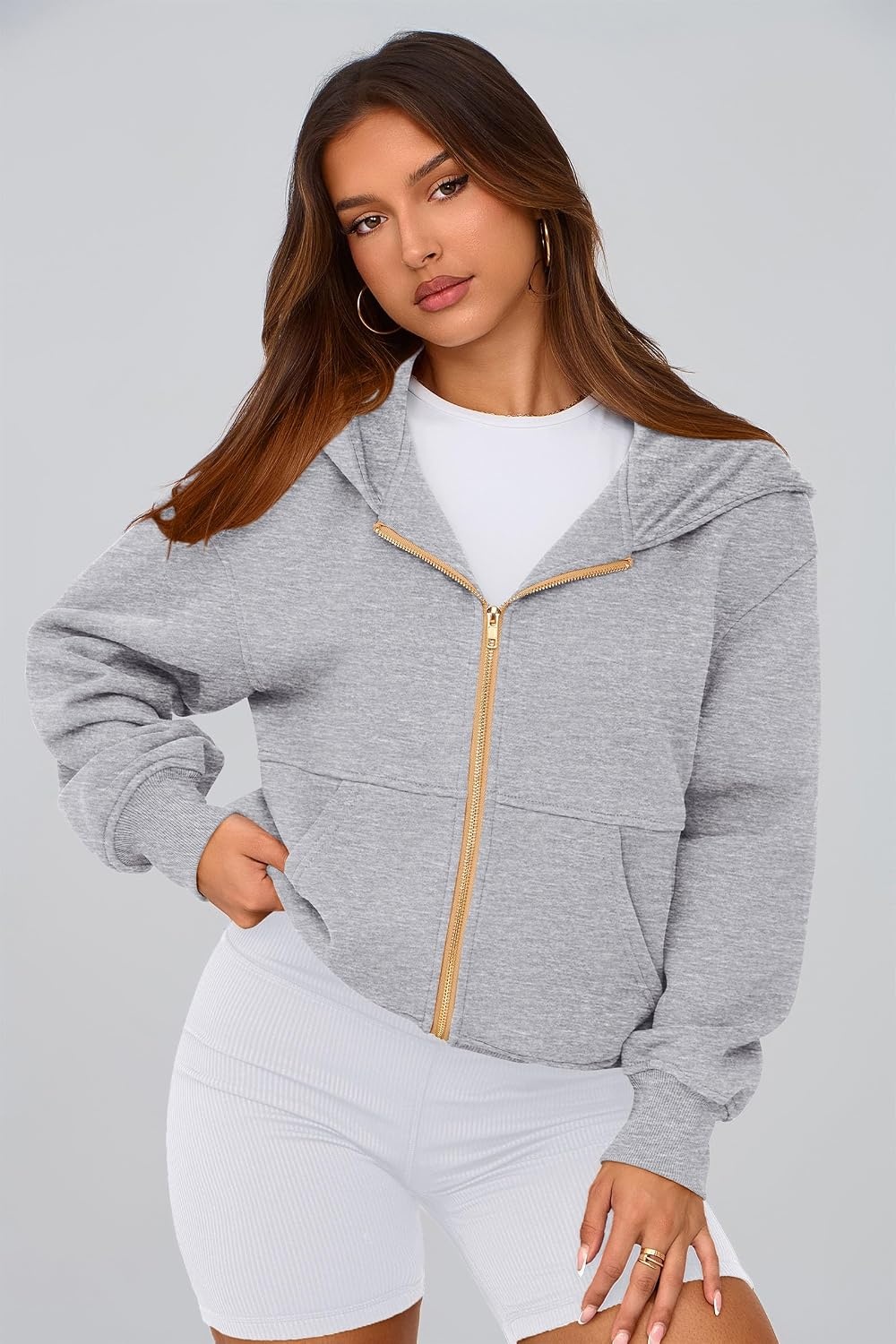 image:imagePRETTYGARDEN Hoodies for Women Fall Fashion Zip Up Fleece Plain SweatshirtGrey