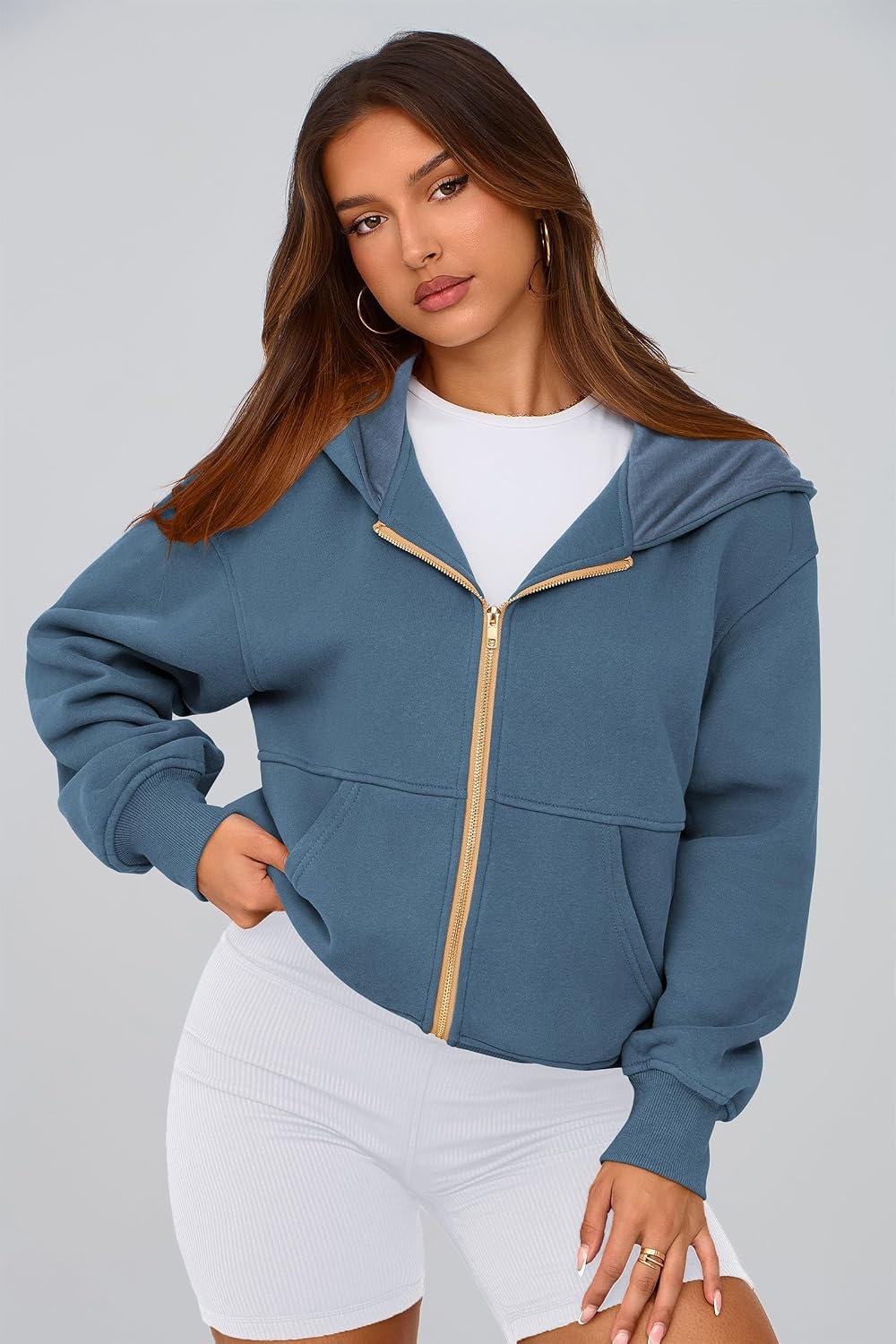 image:imagePRETTYGARDEN Hoodies for Women Fall Fashion Zip Up Fleece Plain SweatshirtGrey Blue