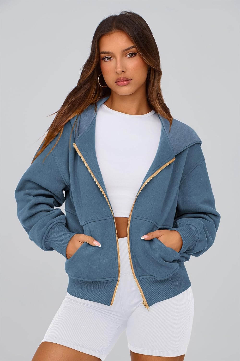 image:imagePRETTYGARDEN Hoodies for Women Fall Fashion Zip Up Fleece Plain SweatshirtGrey Blue