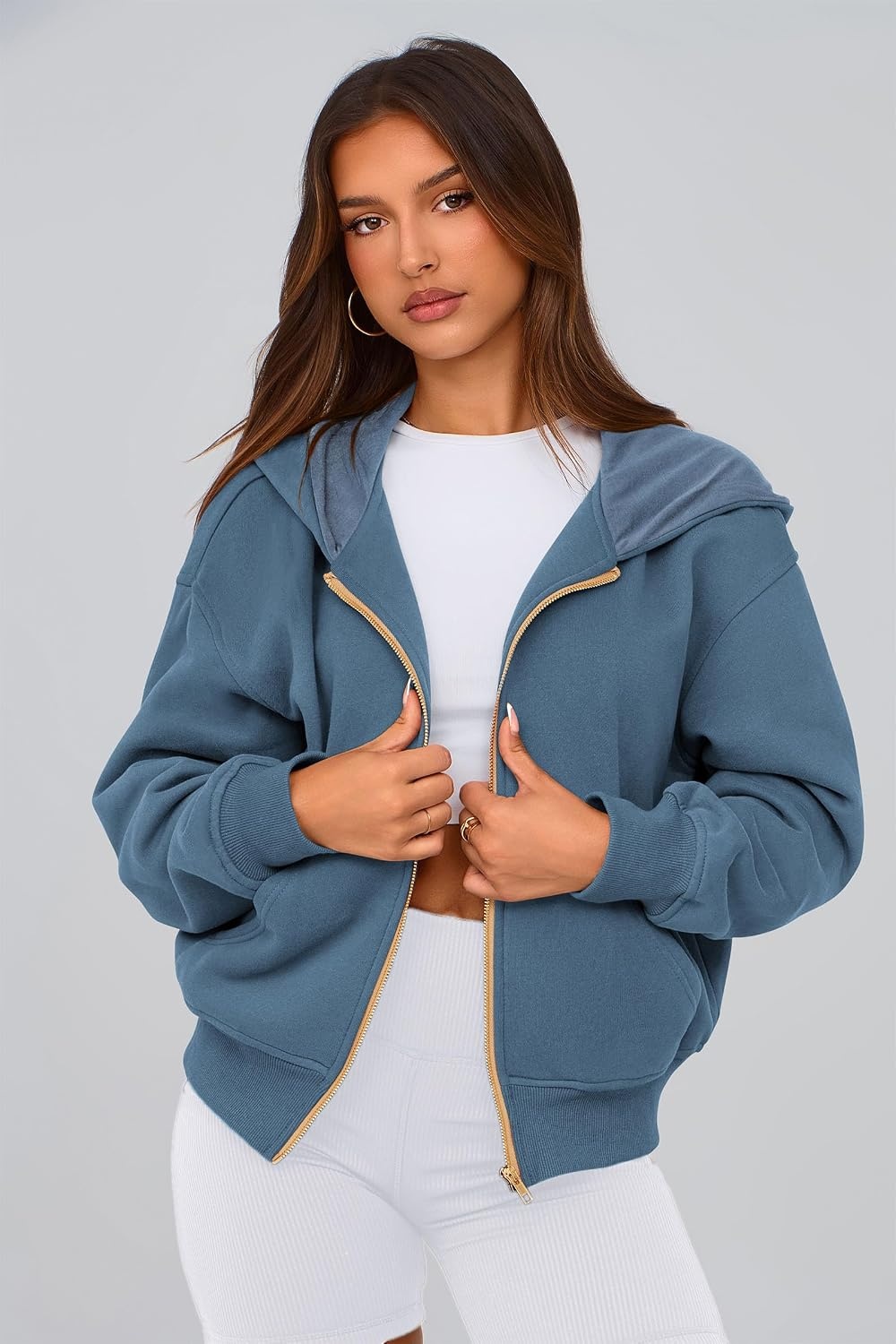 image:imagePRETTYGARDEN Hoodies for Women Fall Fashion Zip Up Fleece Plain SweatshirtGrey Blue