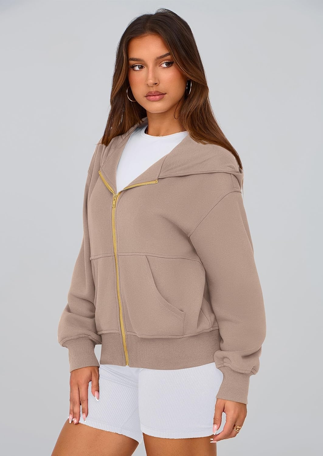 image:imagePRETTYGARDEN Hoodies for Women Fall Fashion Zip Up Fleece Plain SweatshirtGrey Khaki
