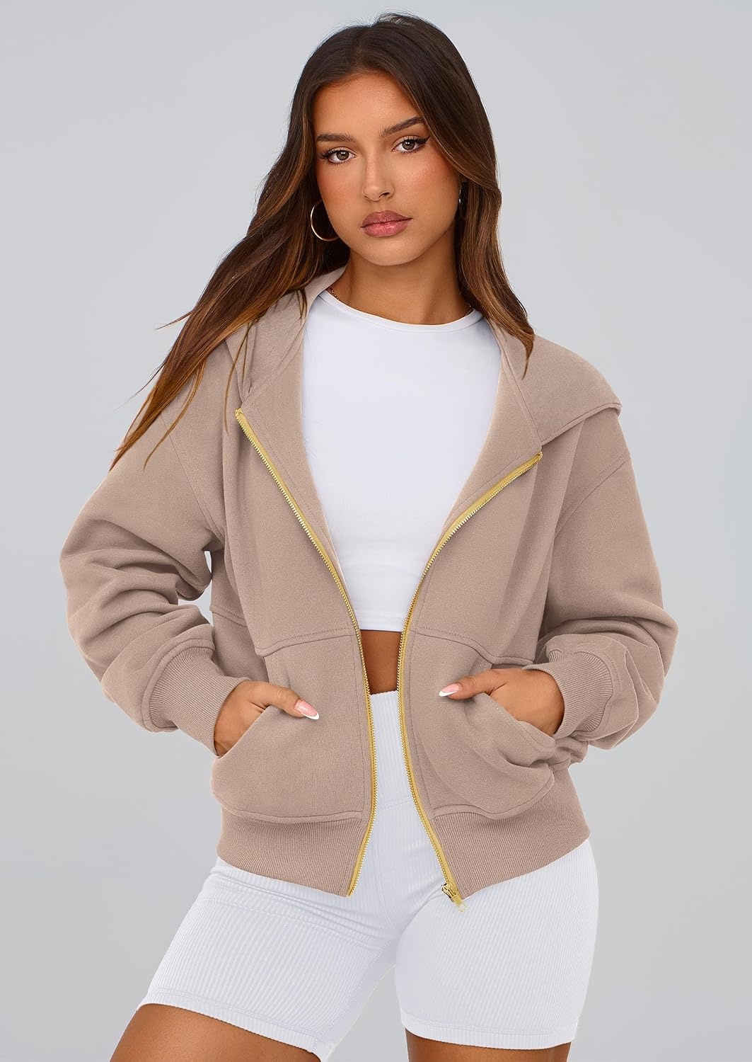 image:imagePRETTYGARDEN Hoodies for Women Fall Fashion Zip Up Fleece Plain SweatshirtGrey Khaki