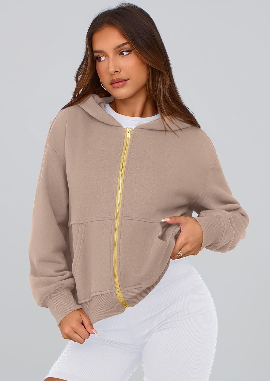 image:imagePRETTYGARDEN Hoodies for Women Fall Fashion Zip Up Fleece Plain SweatshirtGrey Khaki