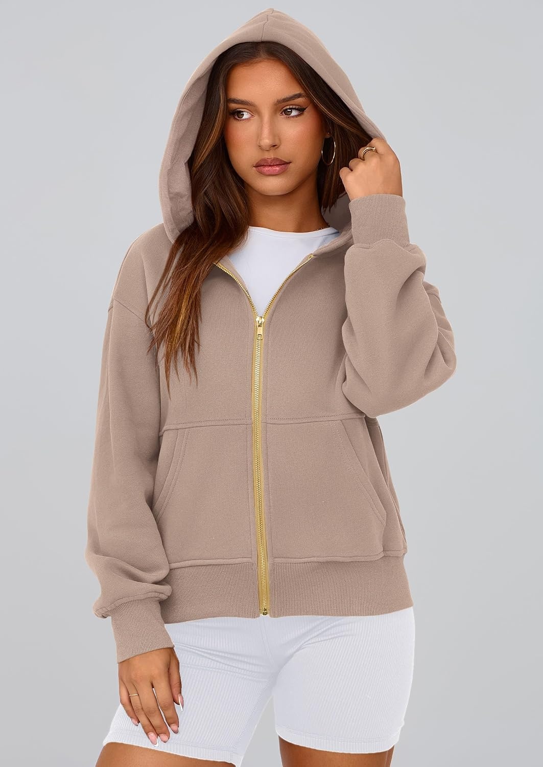 image:imagePRETTYGARDEN Hoodies for Women Fall Fashion Zip Up Fleece Plain SweatshirtGrey Khaki