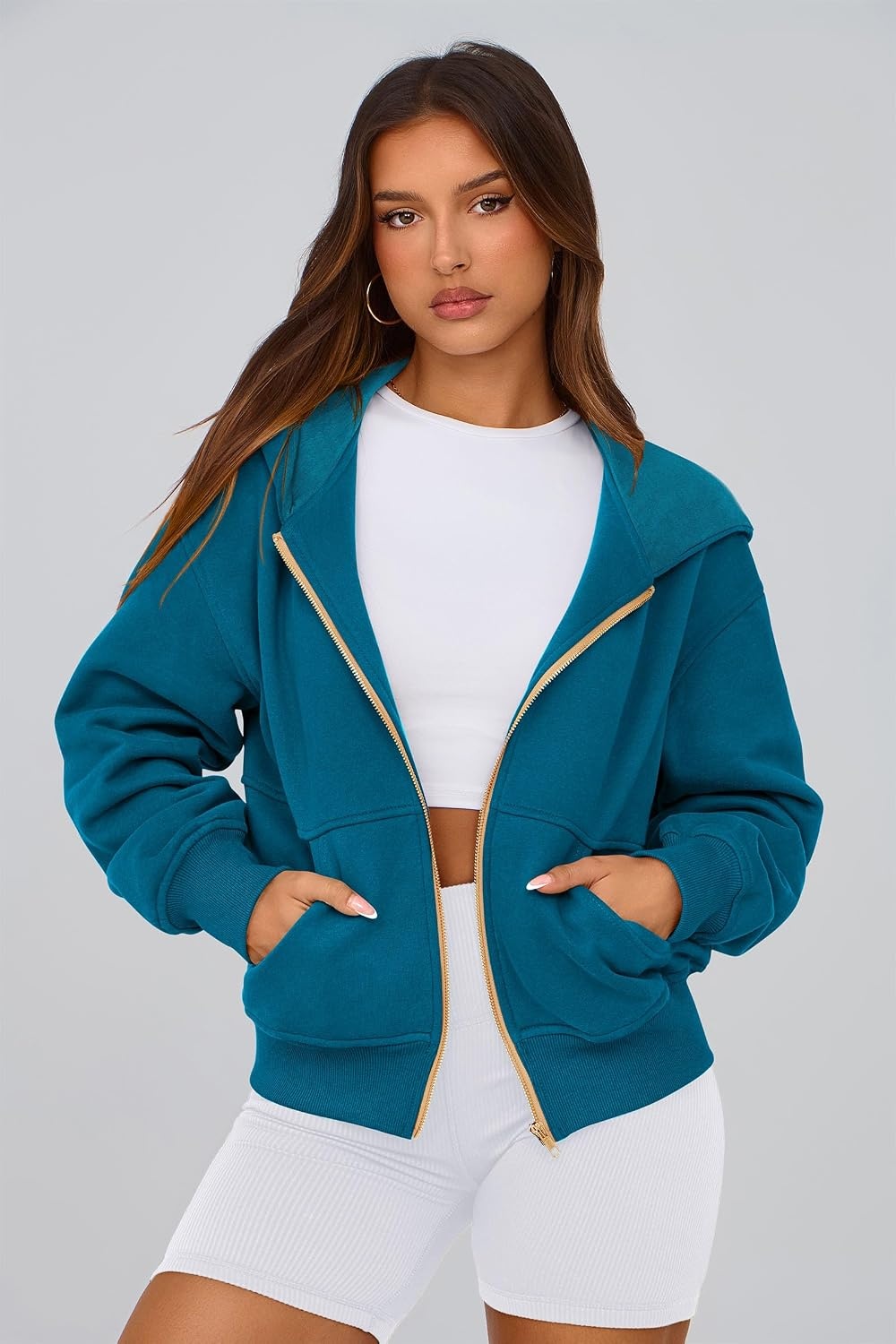 image:imagePRETTYGARDEN Hoodies for Women Fall Fashion Zip Up Fleece Plain SweatshirtLake Blue