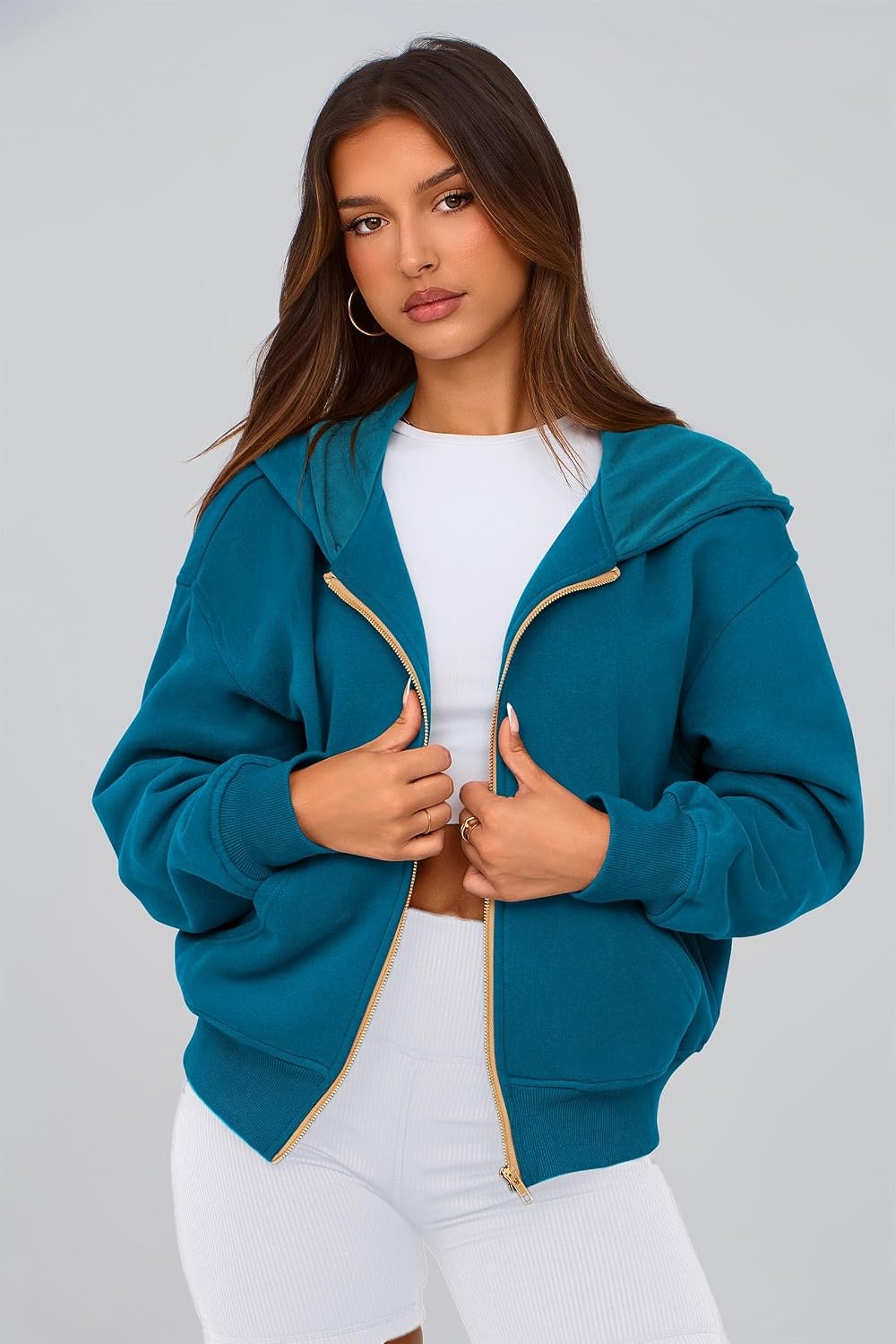 image:imagePRETTYGARDEN Hoodies for Women Fall Fashion Zip Up Fleece Plain SweatshirtLake Blue