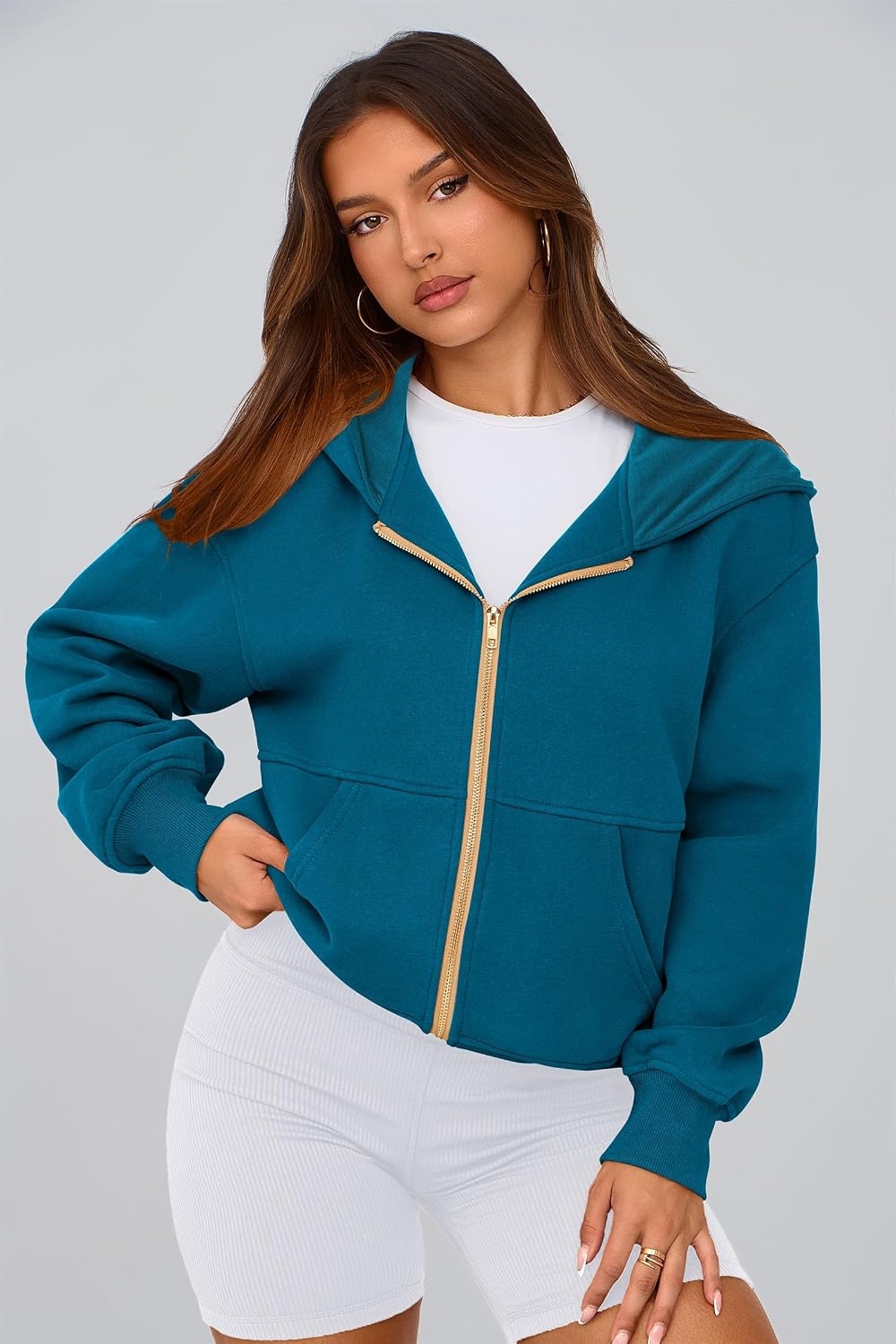 image:imagePRETTYGARDEN Hoodies for Women Fall Fashion Zip Up Fleece Plain SweatshirtLake Blue