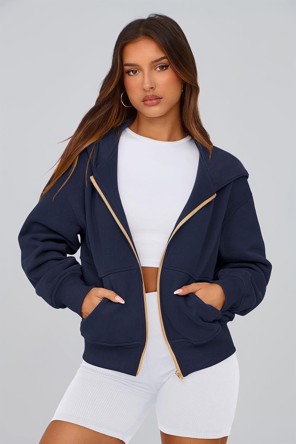 image:imagePRETTYGARDEN Hoodies for Women Fall Fashion Zip Up Fleece Plain SweatshirtNavy