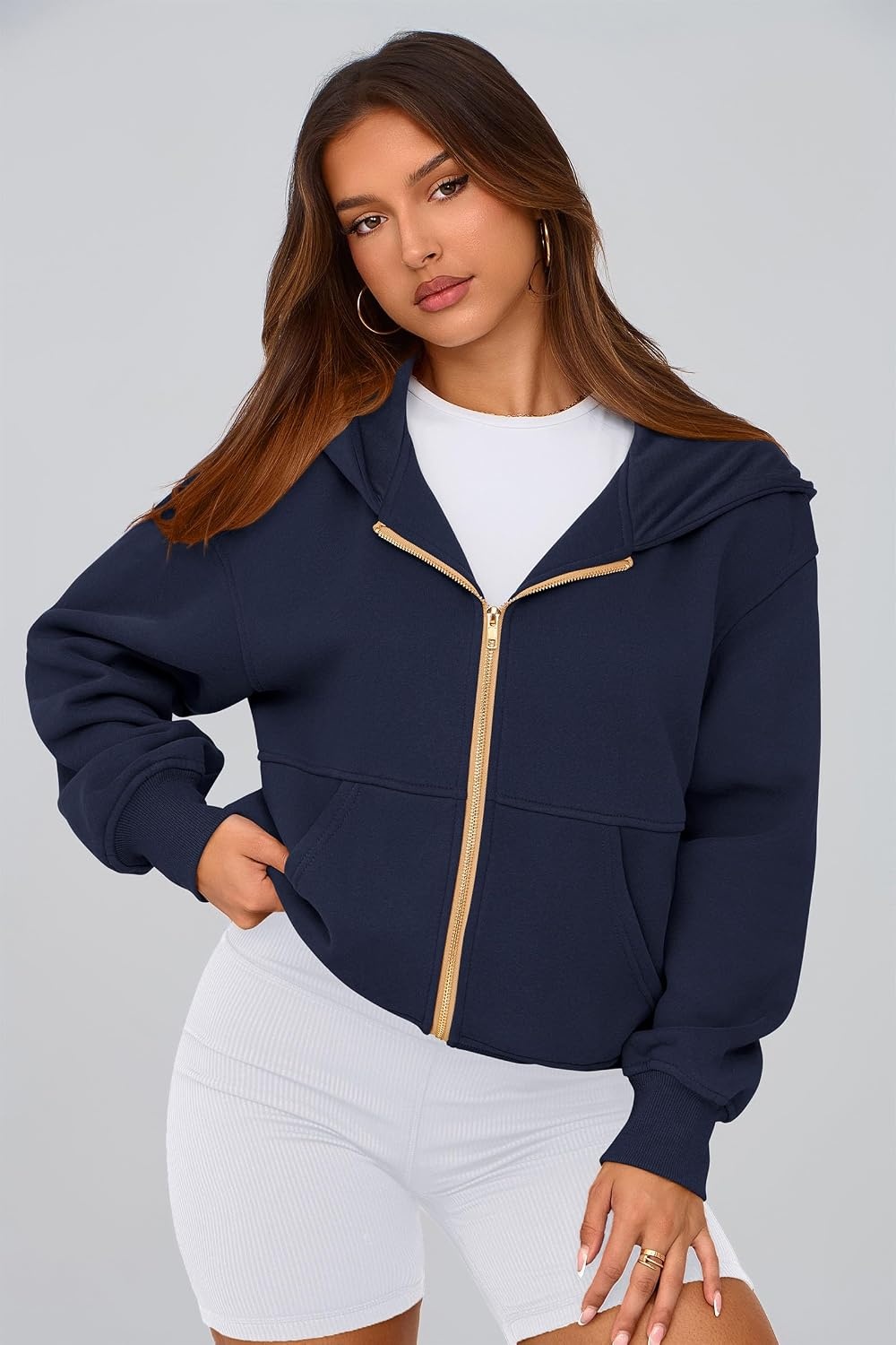 image:imagePRETTYGARDEN Hoodies for Women Fall Fashion Zip Up Fleece Plain SweatshirtNavy