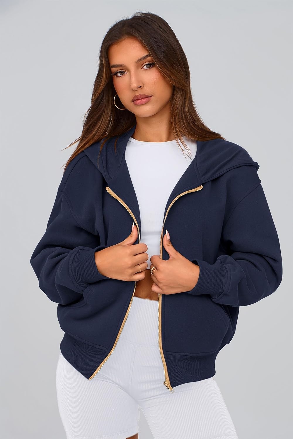 image:imagePRETTYGARDEN Hoodies for Women Fall Fashion Zip Up Fleece Plain SweatshirtNavy