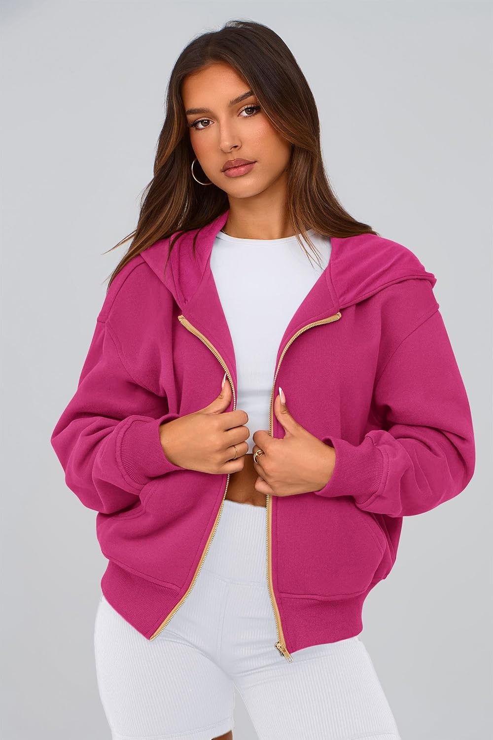 image:imagePRETTYGARDEN Hoodies for Women Fall Fashion Zip Up Fleece Plain SweatshirtRose Red