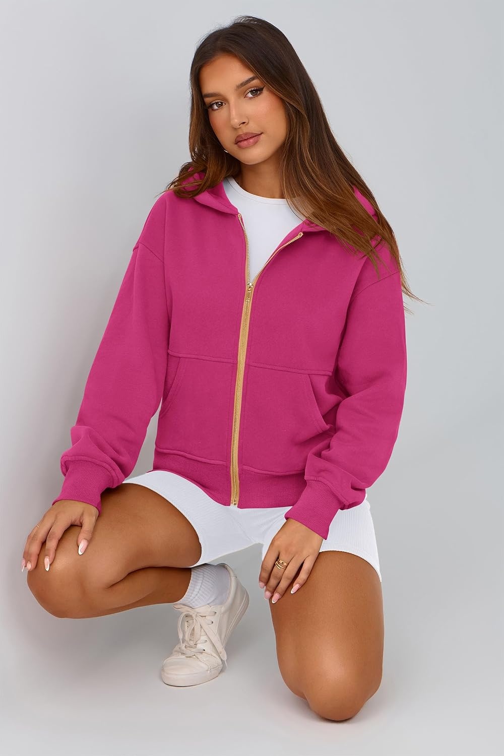 image:imagePRETTYGARDEN Hoodies for Women Fall Fashion Zip Up Fleece Plain SweatshirtRose Red
