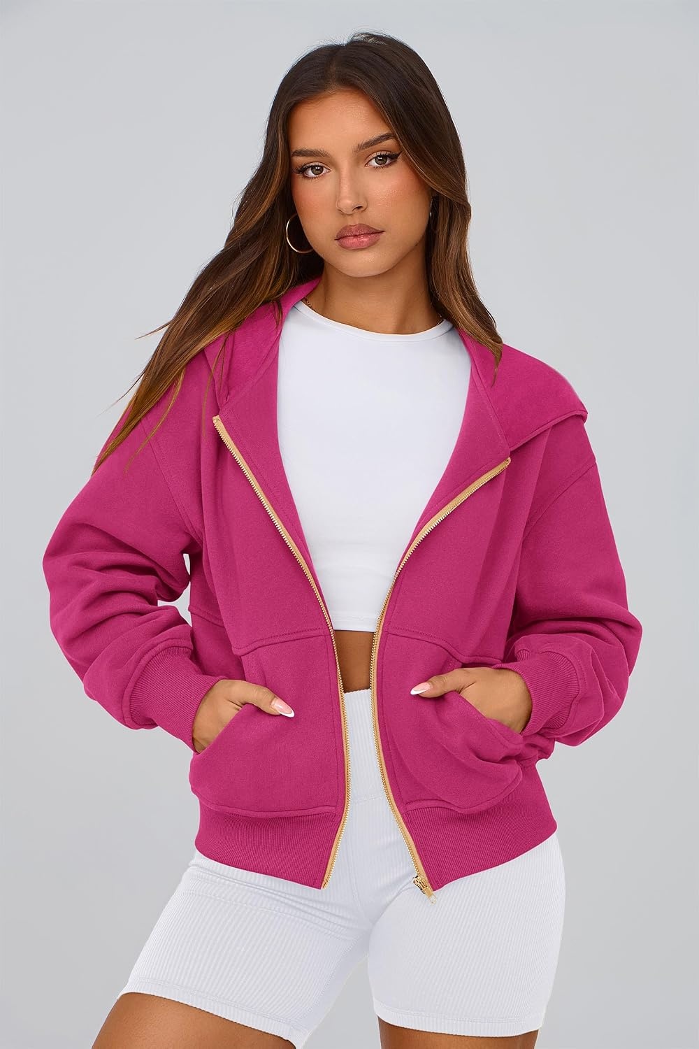 image:imagePRETTYGARDEN Hoodies for Women Fall Fashion Zip Up Fleece Plain SweatshirtRose Red