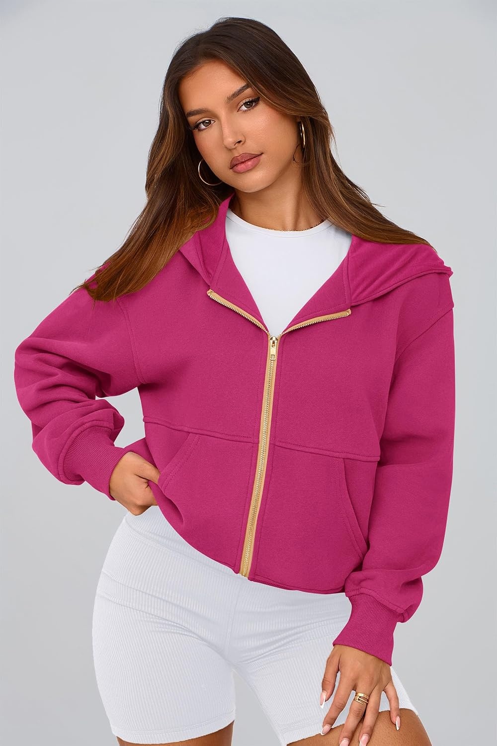 image:imagePRETTYGARDEN Hoodies for Women Fall Fashion Zip Up Fleece Plain SweatshirtRose Red