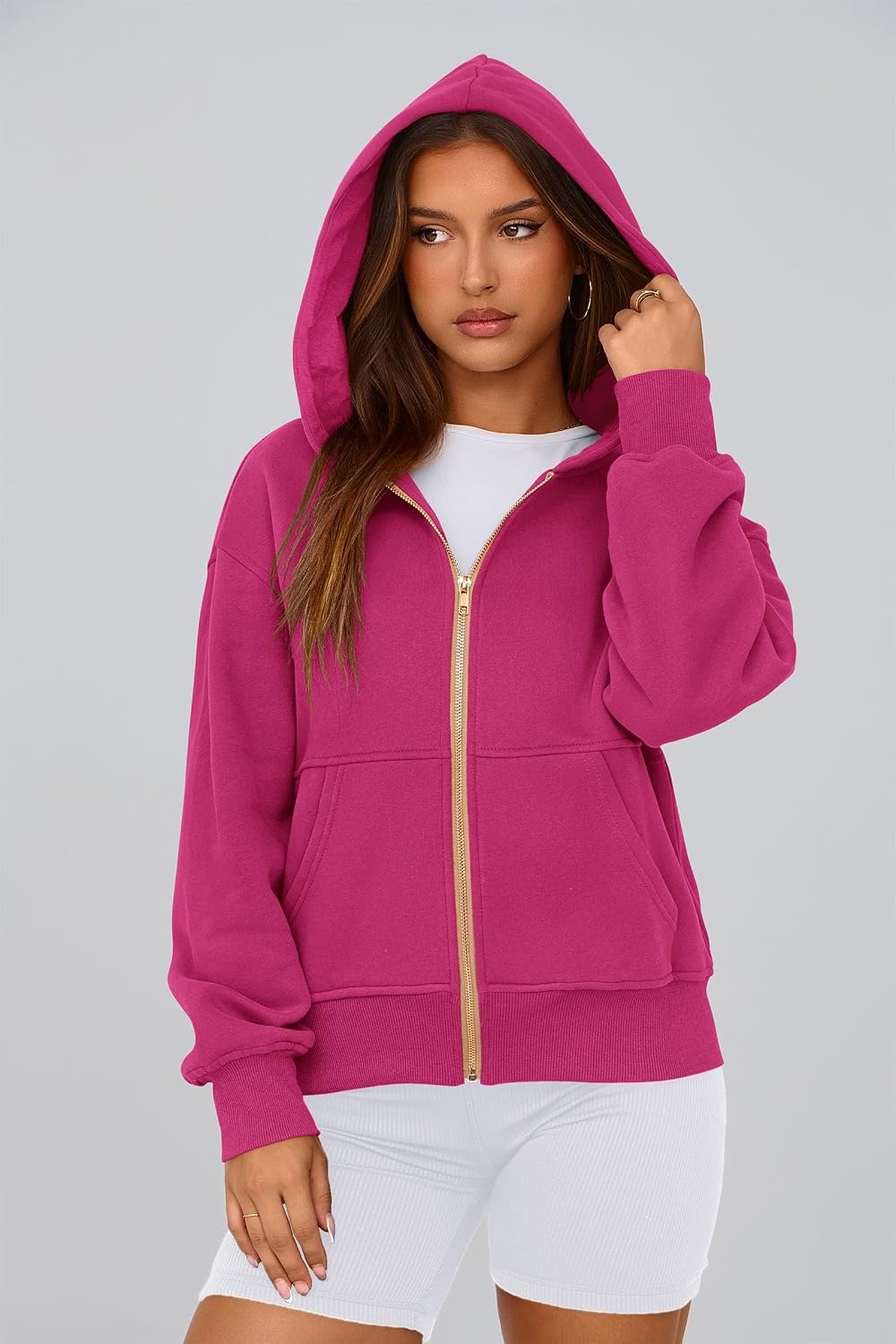 image:imagePRETTYGARDEN Hoodies for Women Fall Fashion Zip Up Fleece Plain SweatshirtRose Red