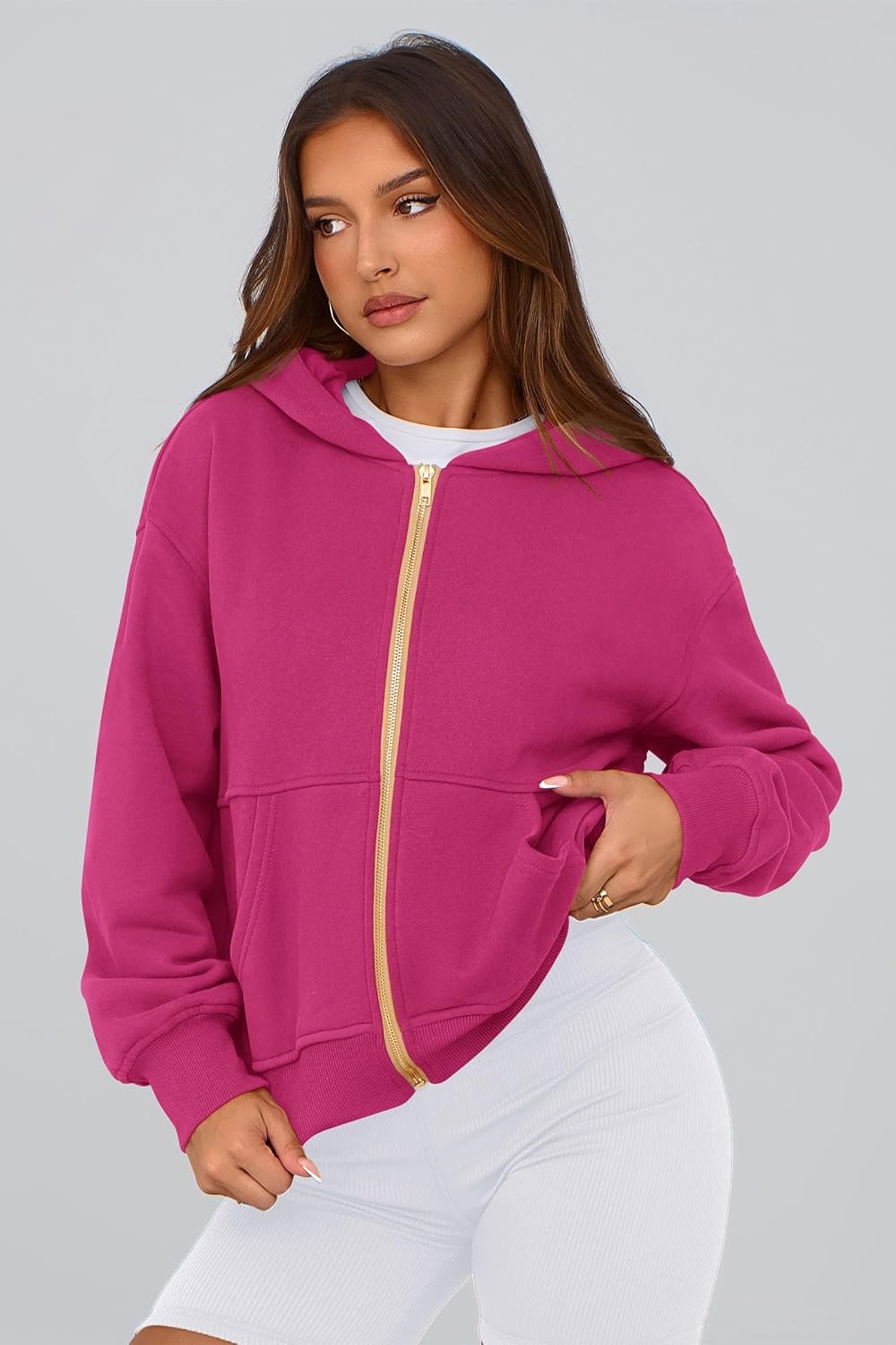 image:imagePRETTYGARDEN Hoodies for Women Fall Fashion Zip Up Fleece Plain SweatshirtRose Red