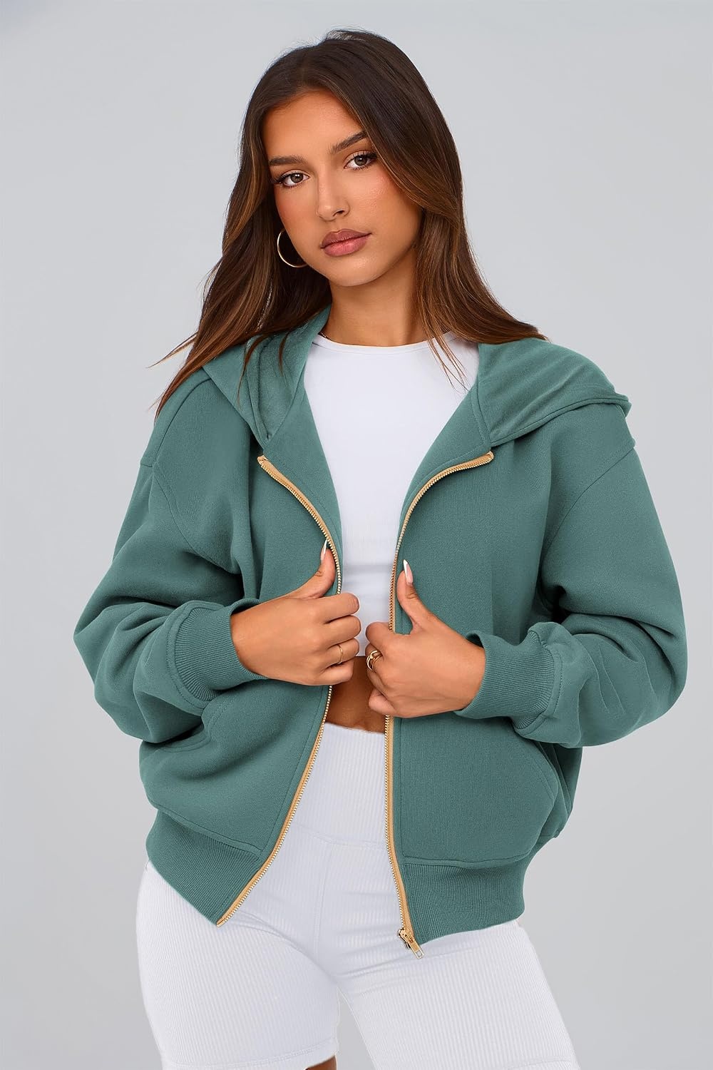 image:imagePRETTYGARDEN Hoodies for Women Fall Fashion Zip Up Fleece Plain SweatshirtSage Green