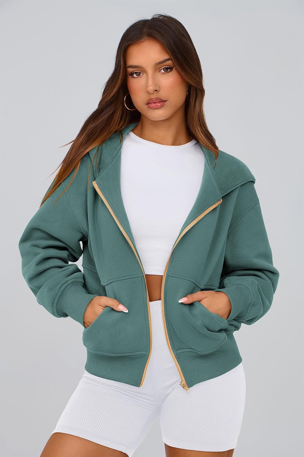 image:imagePRETTYGARDEN Hoodies for Women Fall Fashion Zip Up Fleece Plain SweatshirtSage Green