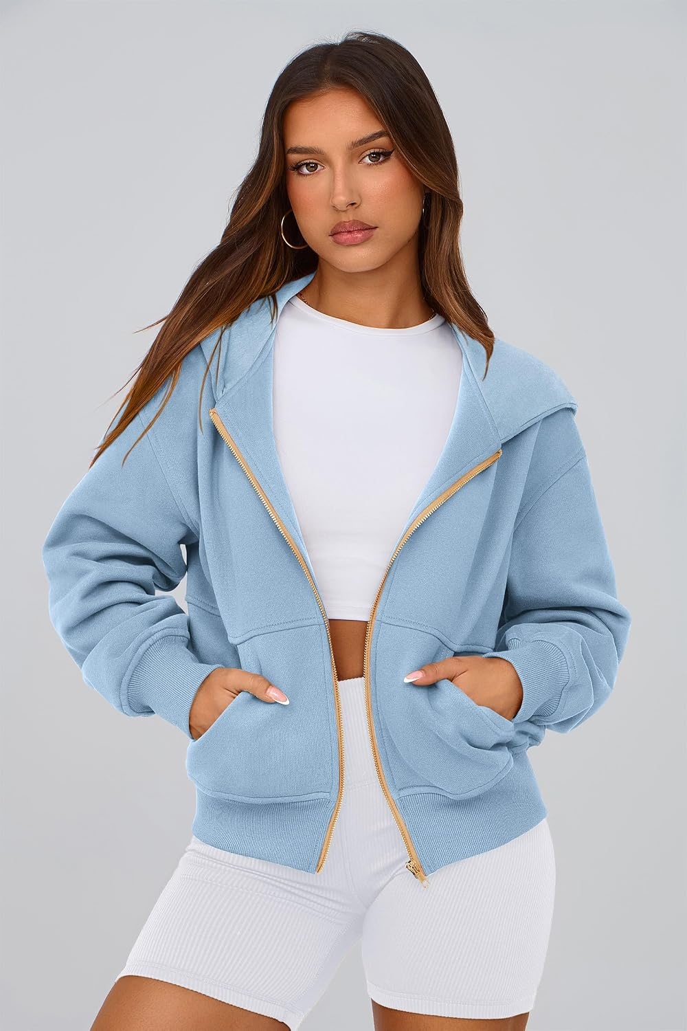 image:imagePRETTYGARDEN Hoodies for Women Fall Fashion Zip Up Fleece Plain SweatshirtSky Blue
