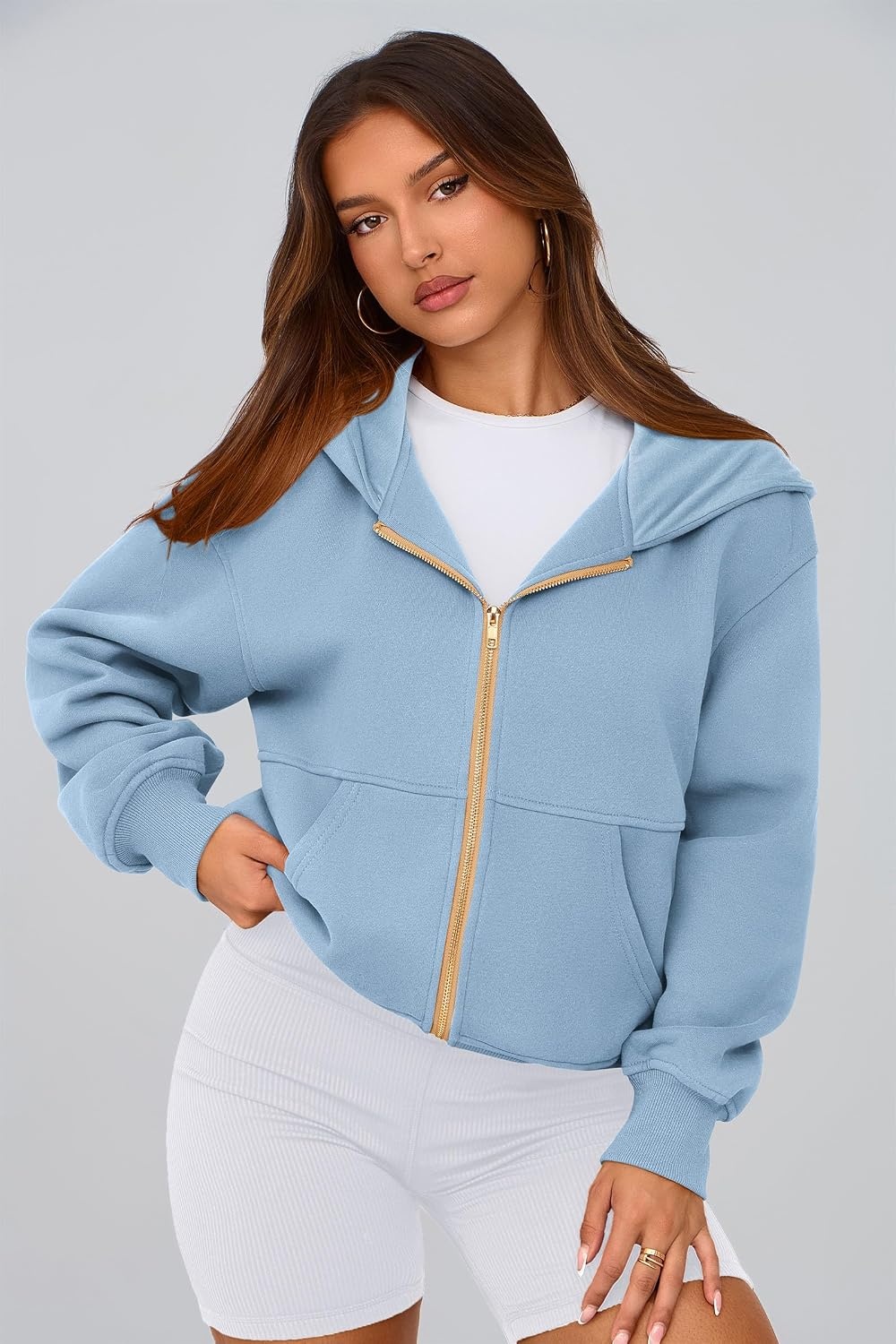 image:imagePRETTYGARDEN Hoodies for Women Fall Fashion Zip Up Fleece Plain SweatshirtSky Blue