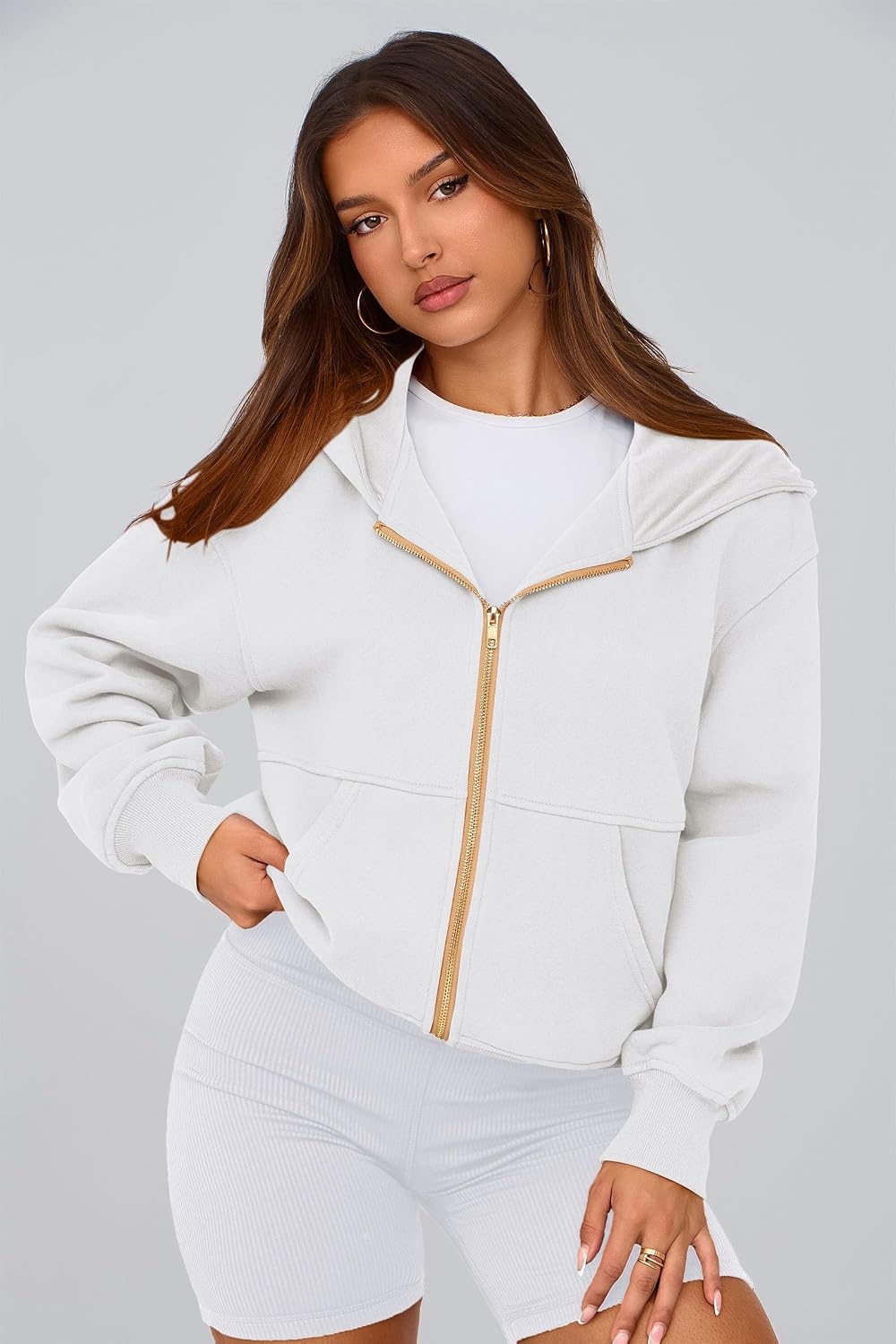 image:imagePRETTYGARDEN Hoodies for Women Fall Fashion Zip Up Fleece Plain SweatshirtWhite