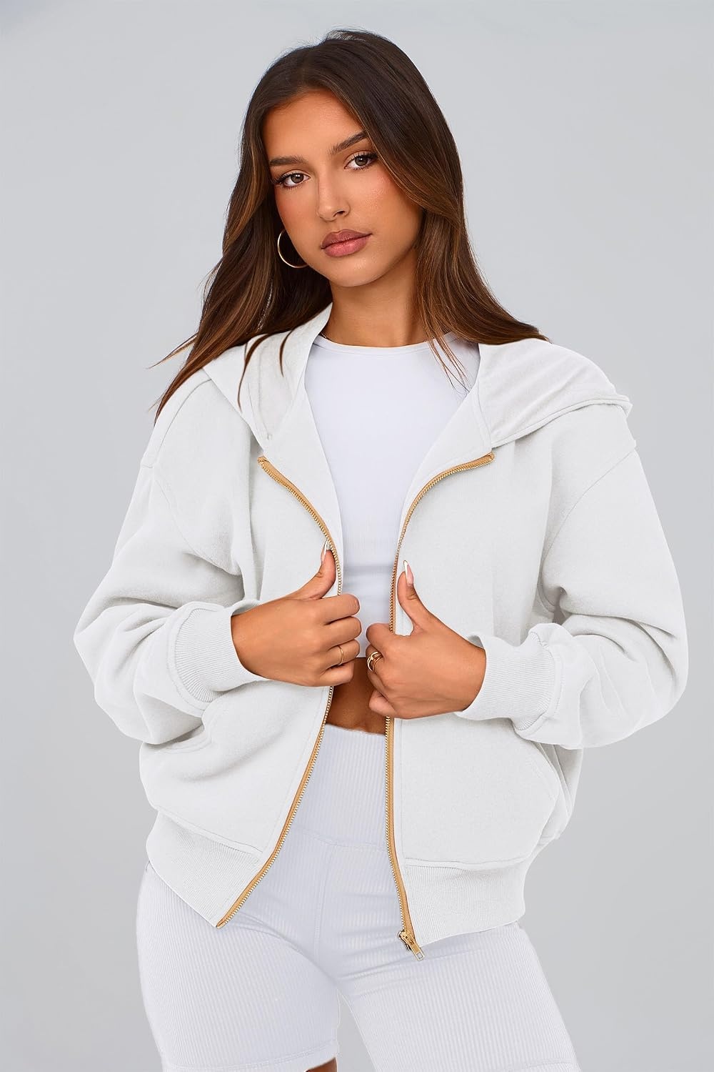 image:imagePRETTYGARDEN Hoodies for Women Fall Fashion Zip Up Fleece Plain SweatshirtWhite