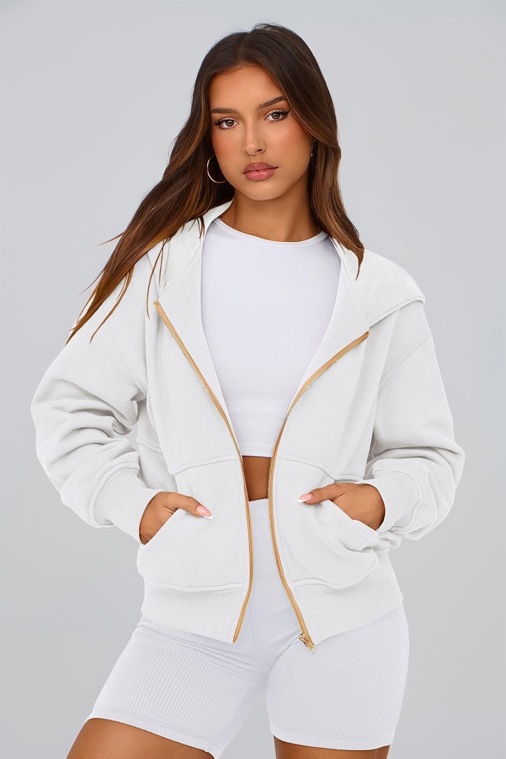 image:imagePRETTYGARDEN Hoodies for Women Fall Fashion Zip Up Fleece Plain SweatshirtWhite