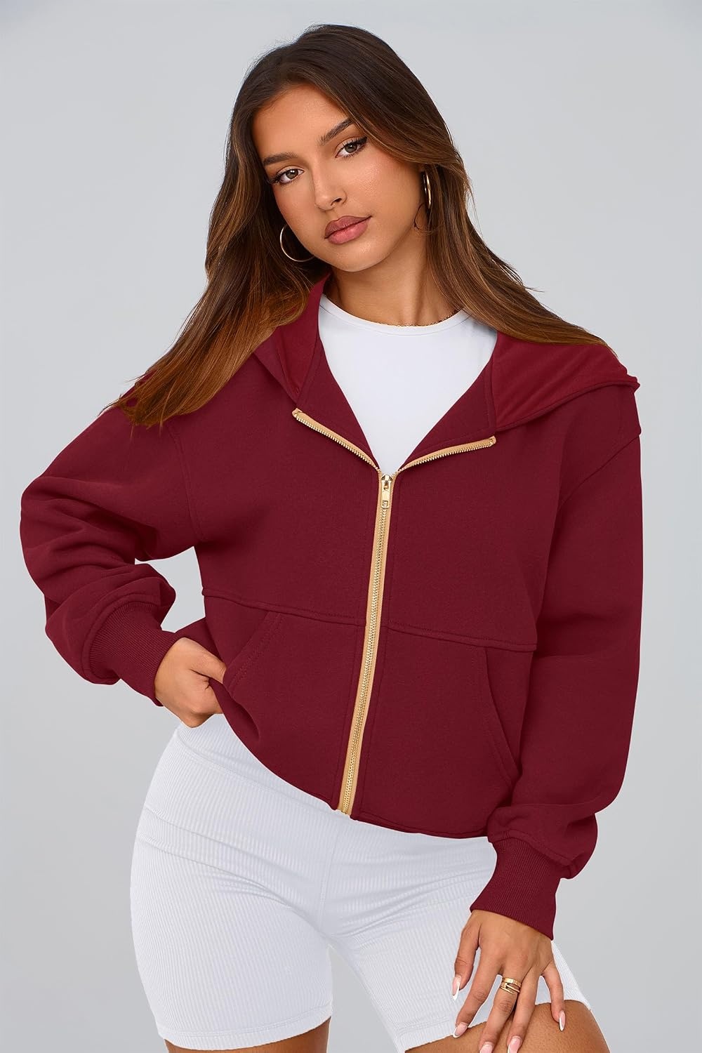 image:imagePRETTYGARDEN Hoodies for Women Fall Fashion Zip Up Fleece Plain SweatshirtWine Red