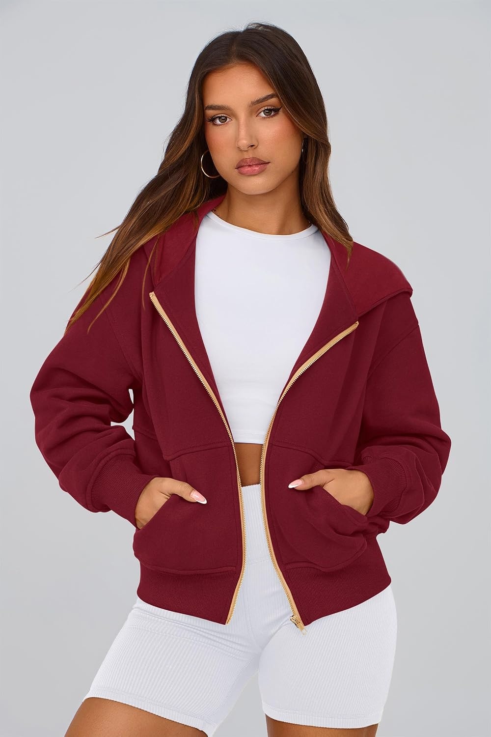 image:imagePRETTYGARDEN Hoodies for Women Fall Fashion Zip Up Fleece Plain SweatshirtWine Red