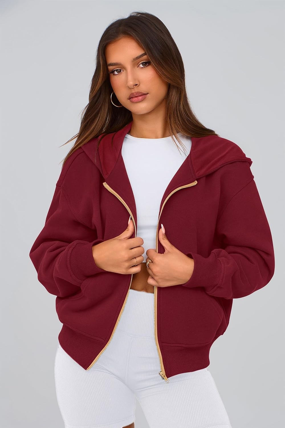 image:imagePRETTYGARDEN Hoodies for Women Fall Fashion Zip Up Fleece Plain SweatshirtWine Red