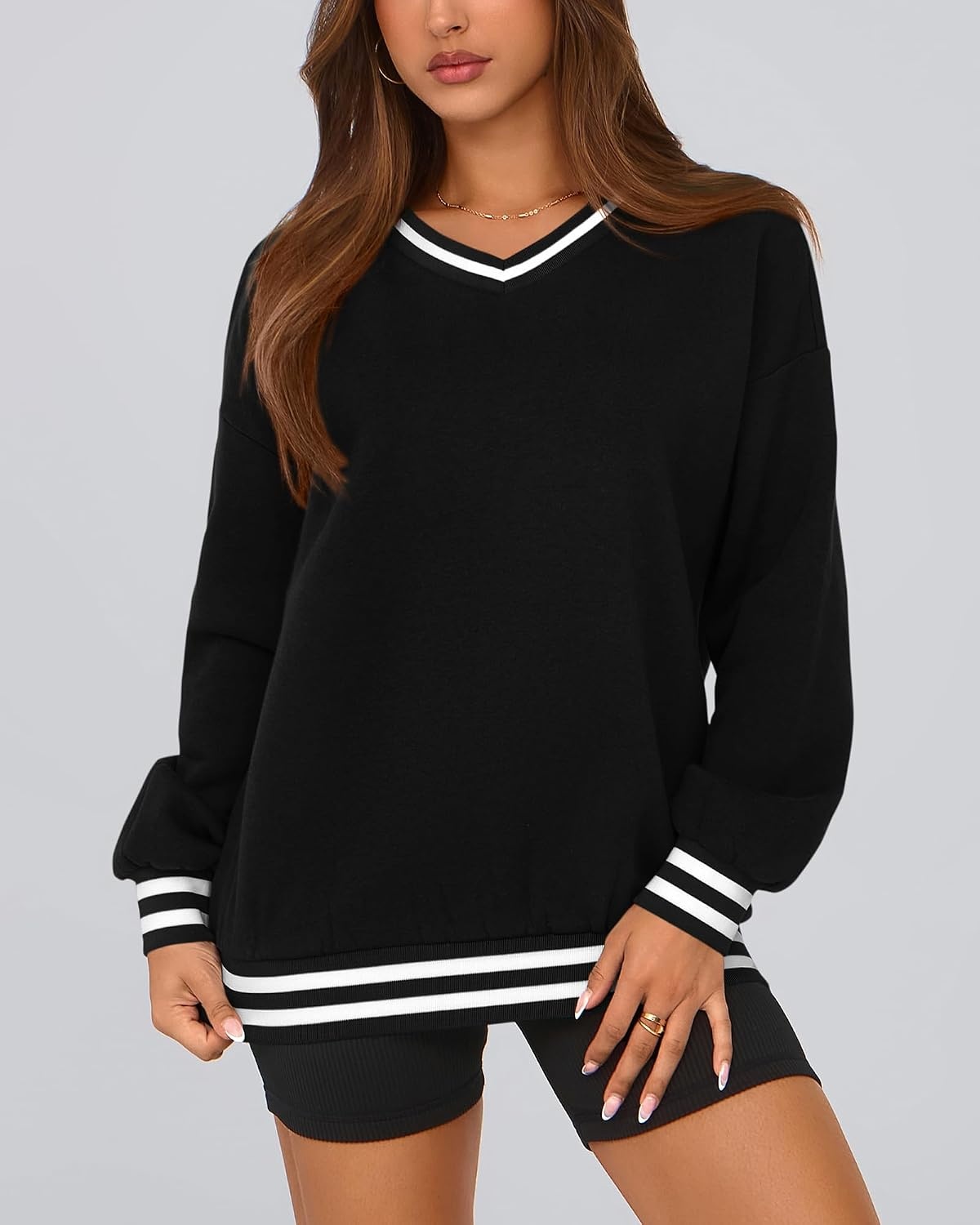 image:imagePRETTYGARDEN Womens Fall Color Block Oversized SweatshirtsBlack