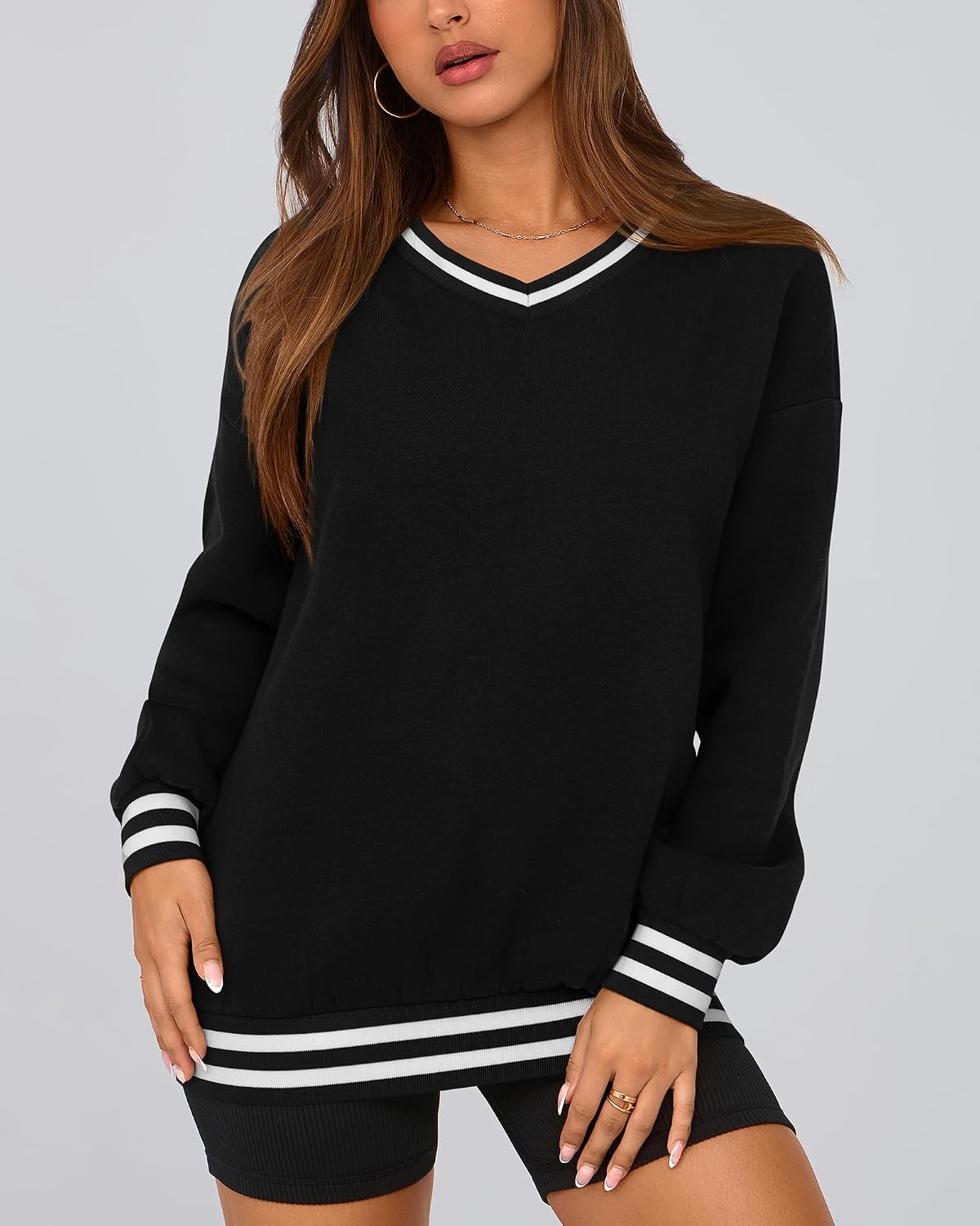 image:imagePRETTYGARDEN Womens Fall Color Block Oversized SweatshirtsBlack