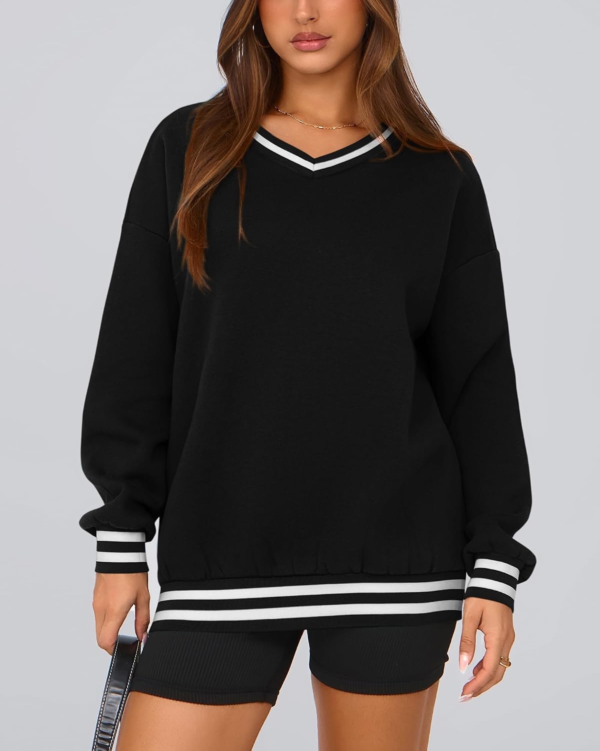 image:imagePRETTYGARDEN Womens Fall Color Block Oversized SweatshirtsBlack