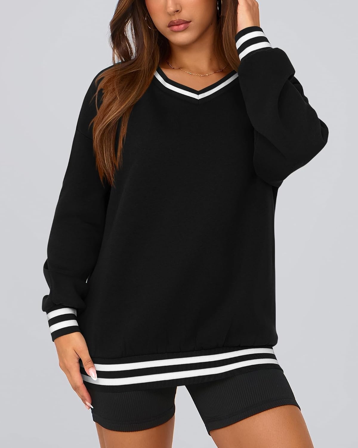 image:imagePRETTYGARDEN Womens Fall Color Block Oversized SweatshirtsBlack