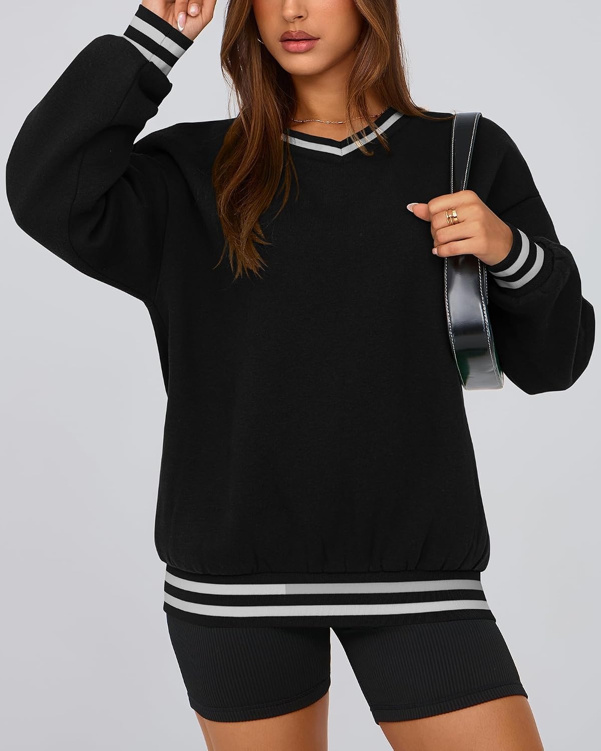 image:imagePRETTYGARDEN Womens Fall Color Block Oversized SweatshirtsBlack